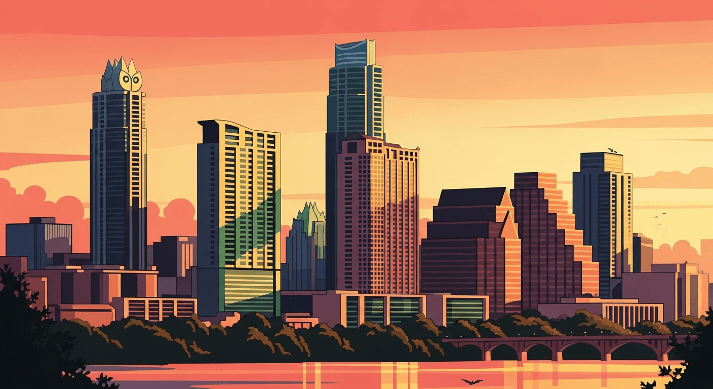 Artistic illustration of Austin, Texas skyline at golden hour - home of CrowdHealth headquarters