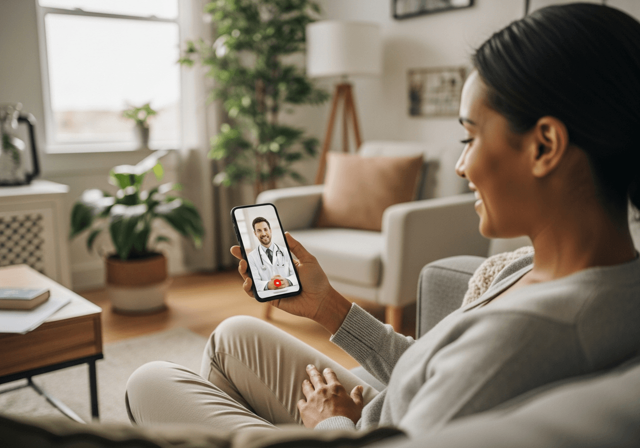Modern illustration of virtual healthcare through smartphone app with telehealth video call
