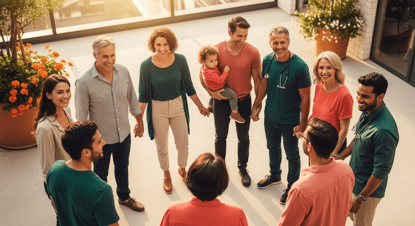 Diverse community of CrowdHealth members gathered together in a sunlit courtyard, representing the crowdfunding healthcare model