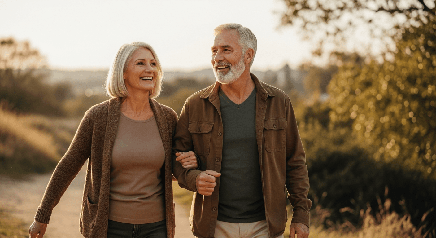 Active retired couple enjoying outdoor walk