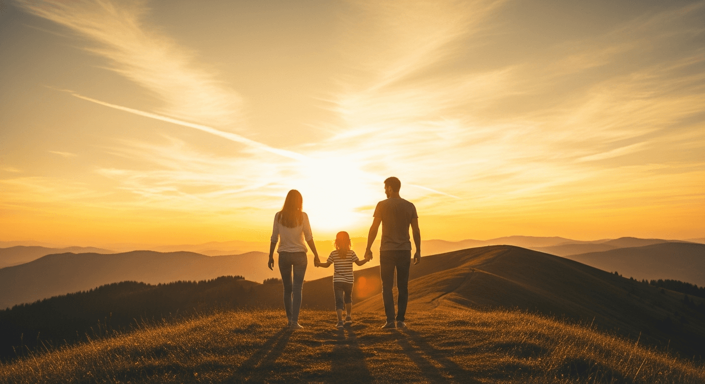 Family hiking toward a beautiful sunset