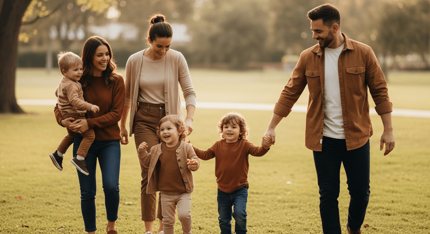 Happy healthy family walking together in park