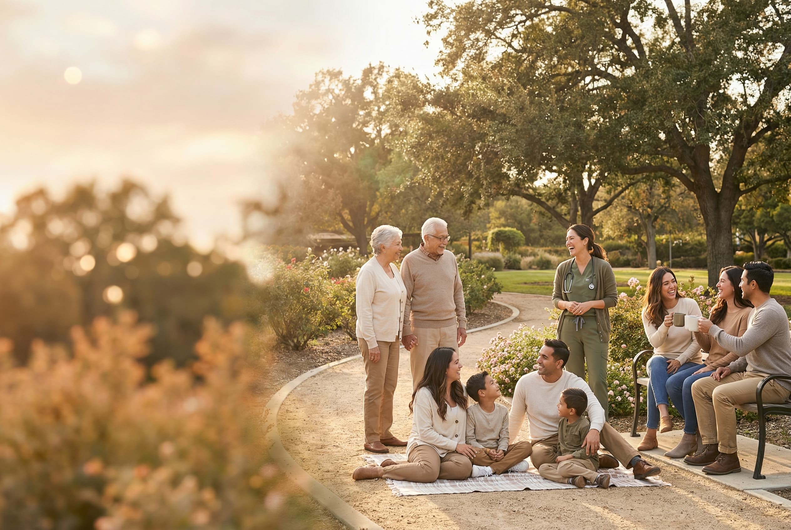 Diverse multigenerational community gathering in a park at golden hour