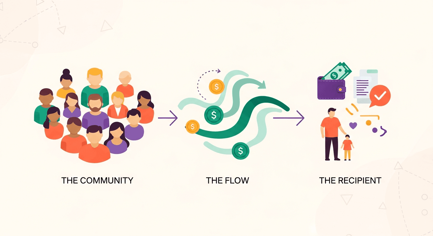 Illustration showing the CrowdHealth process: community members contribute funds that flow to help recipients with medical bills