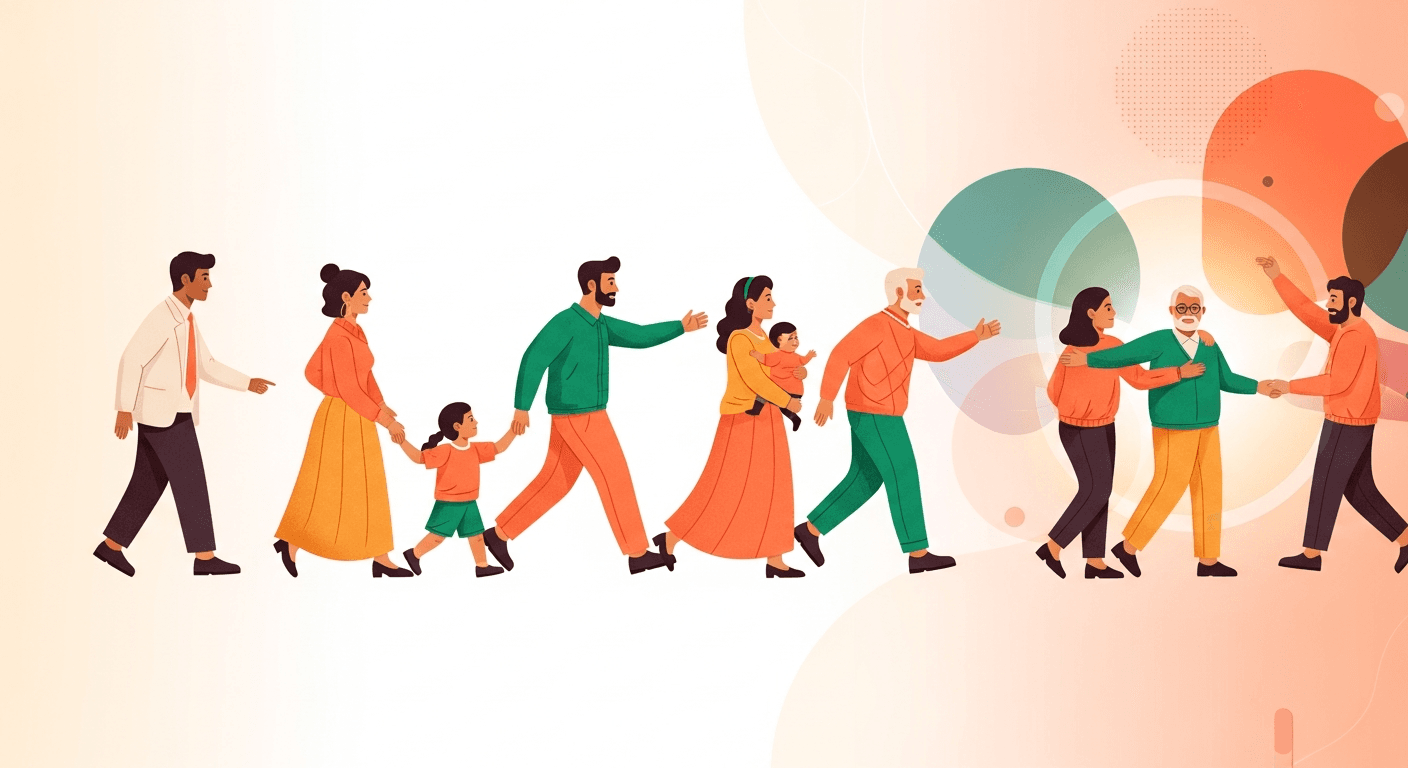Diverse group of people walking together toward a community, representing joining CrowdHealth